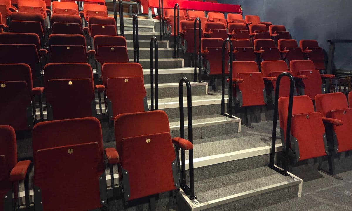 Theatre auditorium with red seats, central aisle and individual grab rails