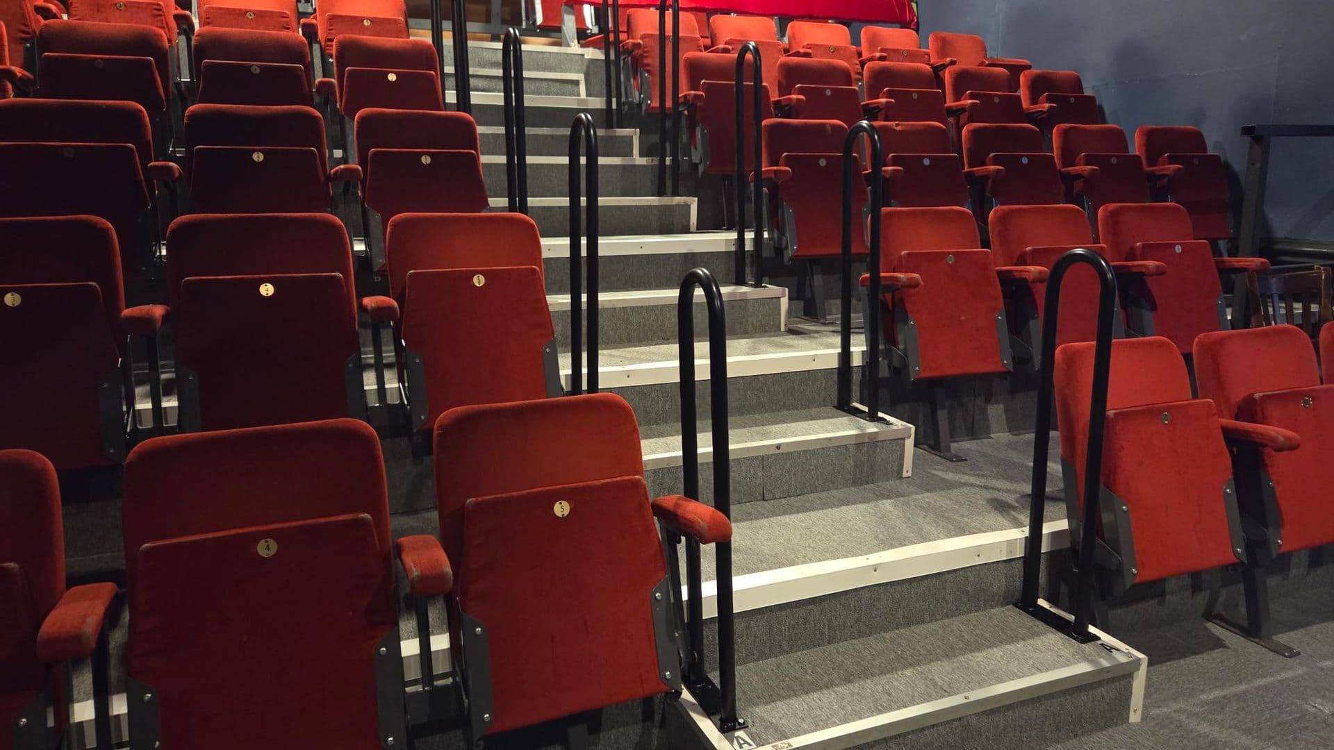 Theatre auditorium with red seats, central aisle and individual grab rails